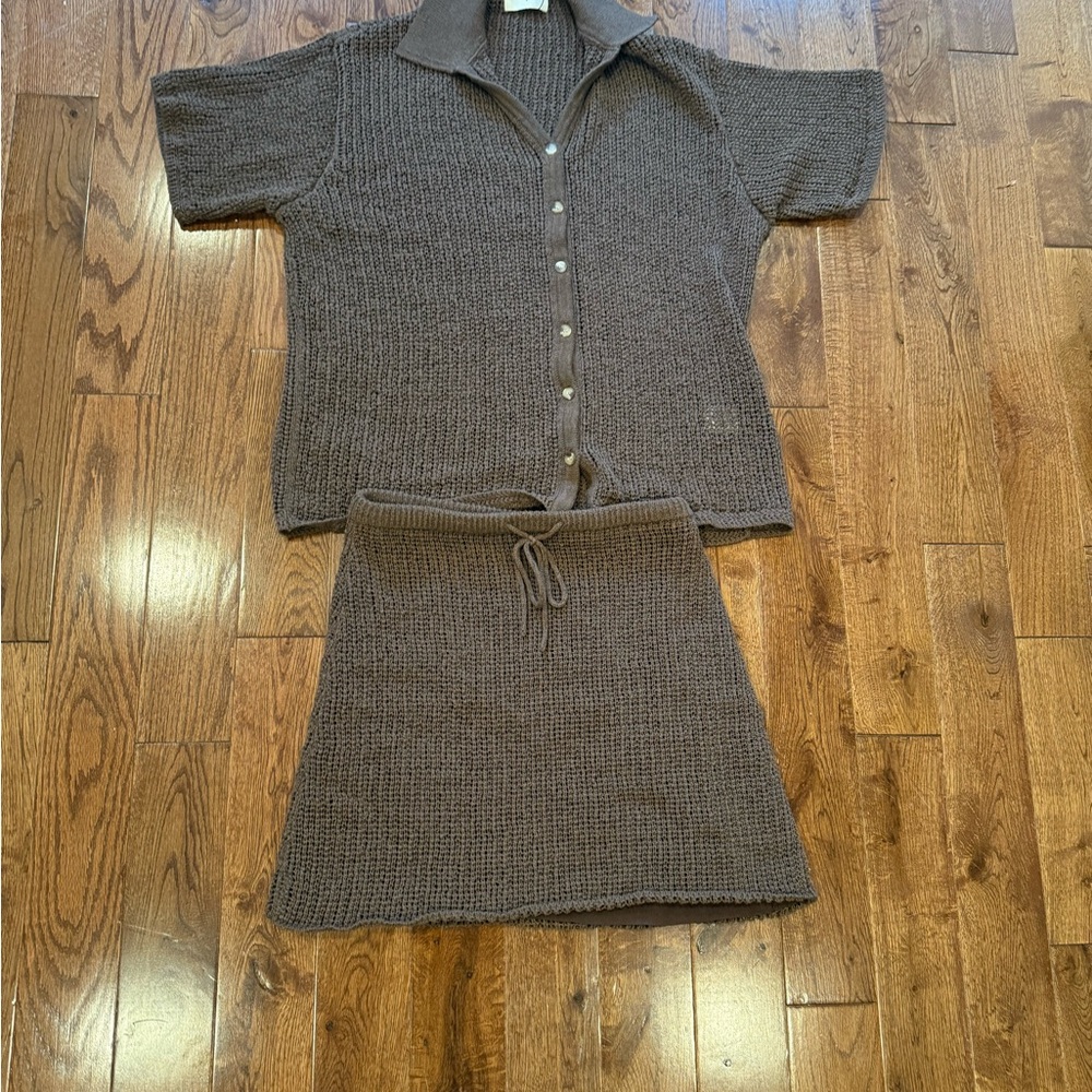 Brown Knit Button-Up Top and Skirt Set